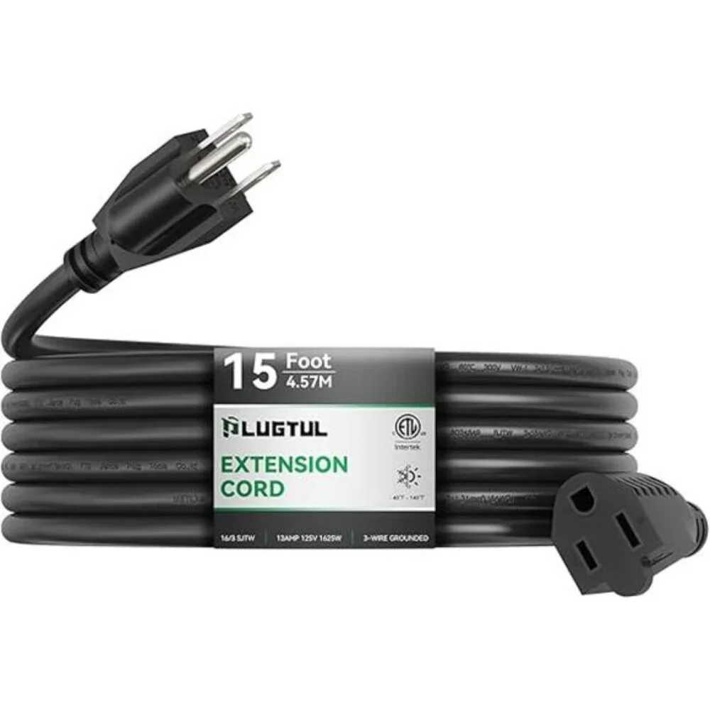 Outdoor Extension Cord 15 FT Waterproof, 16/3 Gauge Black Heavy Duty 3 ProngCord